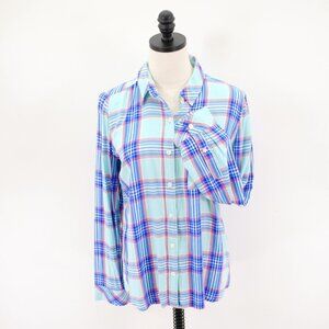 So Perfect Shirt Blue Red Plaid Relaxed Collared Button Front Shirt Top XS Rayon